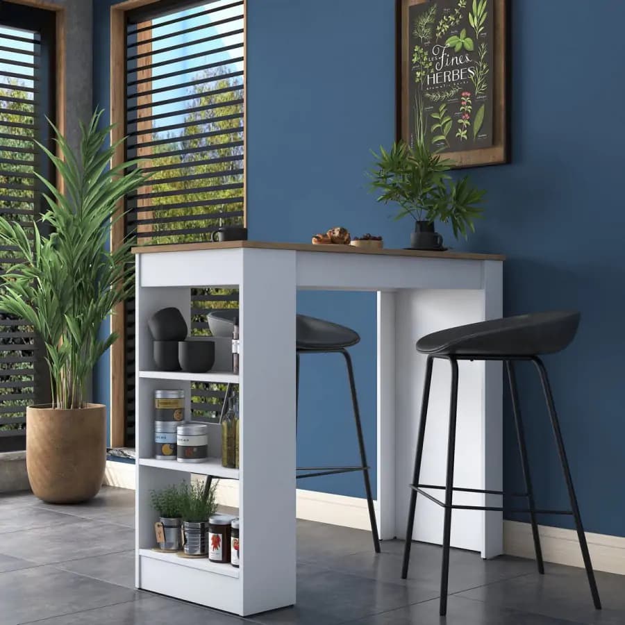 Casarredo Barový stůl s bočním regálem NORTON bílá/ořech